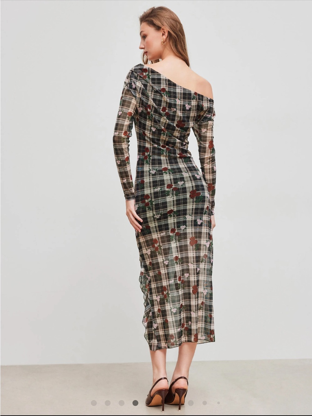 Cider Off-Shoulder Plaid & Floral Midi Dress - Olive/Black